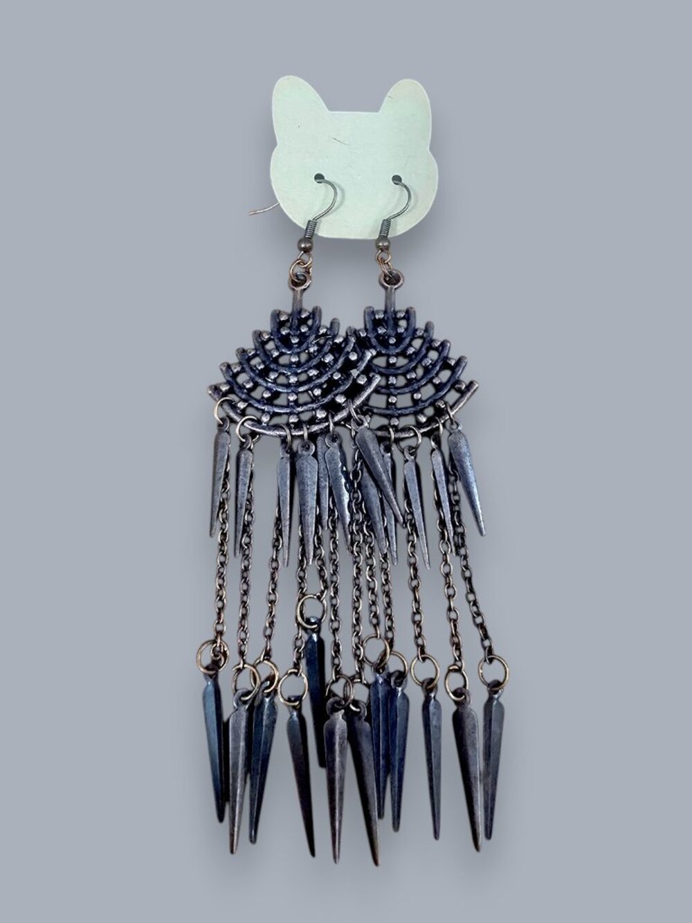 Grunge Cyberpunk Spike Chandelier Earrings Antiqued Silver Dagger Chain Dangle